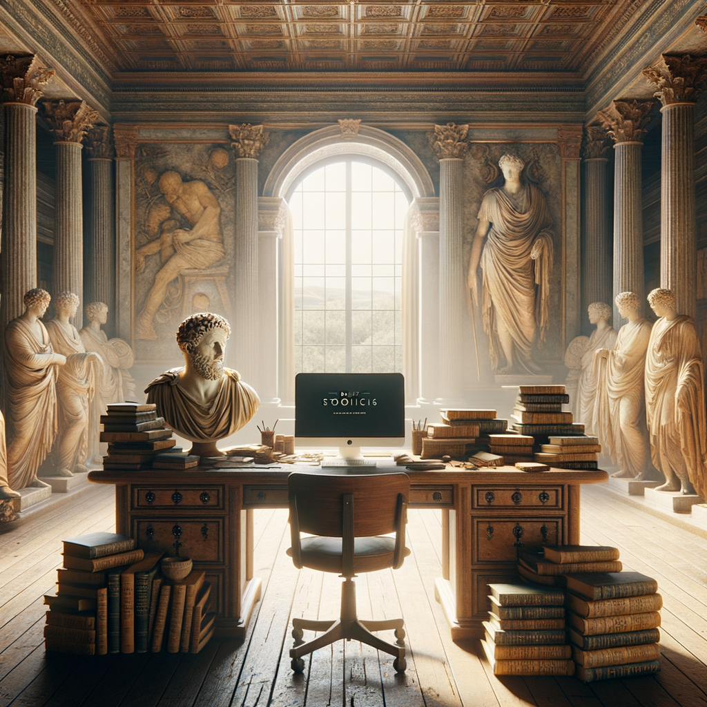 A serene modern office with books on Stoicism and The Daily Stoic website, blending ancient Roman and contemporary aesthetics.