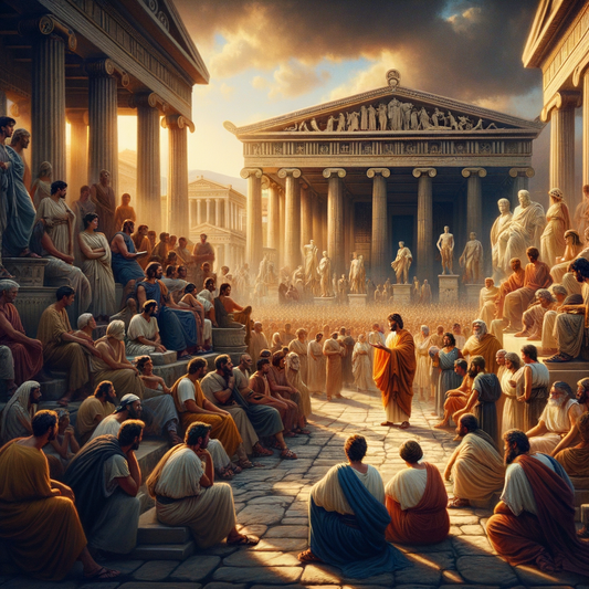 Ancient Athenian marketplace around 300 B.C.E., featuring people in philosophical debates among classical Greek architecture, styled like 1960s historical films.