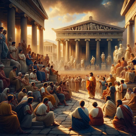 Ancient Athenian marketplace around 300 B.C.E., featuring people in philosophical debates among classical Greek architecture, styled like 1960s historical films.