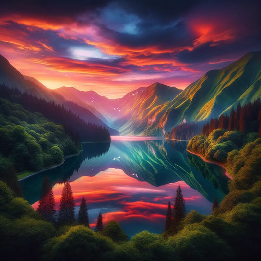A peaceful lake reflecting the colorful sunset in the background with mountains on the sides.