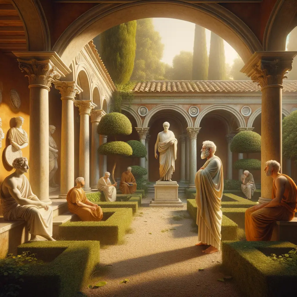 A Roman philosopher in a serene garden, embodying Stoic calm, inspired by classic 1960s historical films.