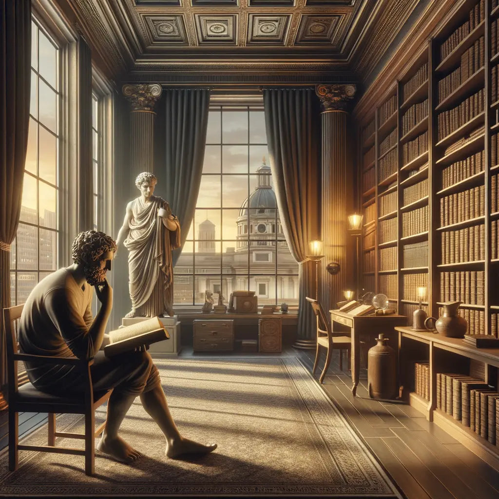 Modern philosopher in a serene contemporary study, drawing inspiration from Stoic texts, blending ancient wisdom with modern life aesthetics.