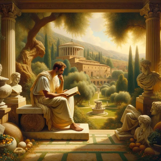 A serene Roman garden with a philosopher in a toga reading a scroll, embodying the aesthetics of 1960s historical films.