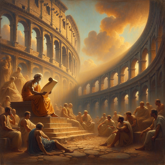 Serene individual reading a Stoic scroll with the Colosseum in the background, inspired by 1960s historical epic style.