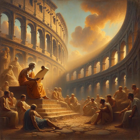 Serene individual reading a Stoic scroll with the Colosseum in the background, inspired by 1960s historical epic style.