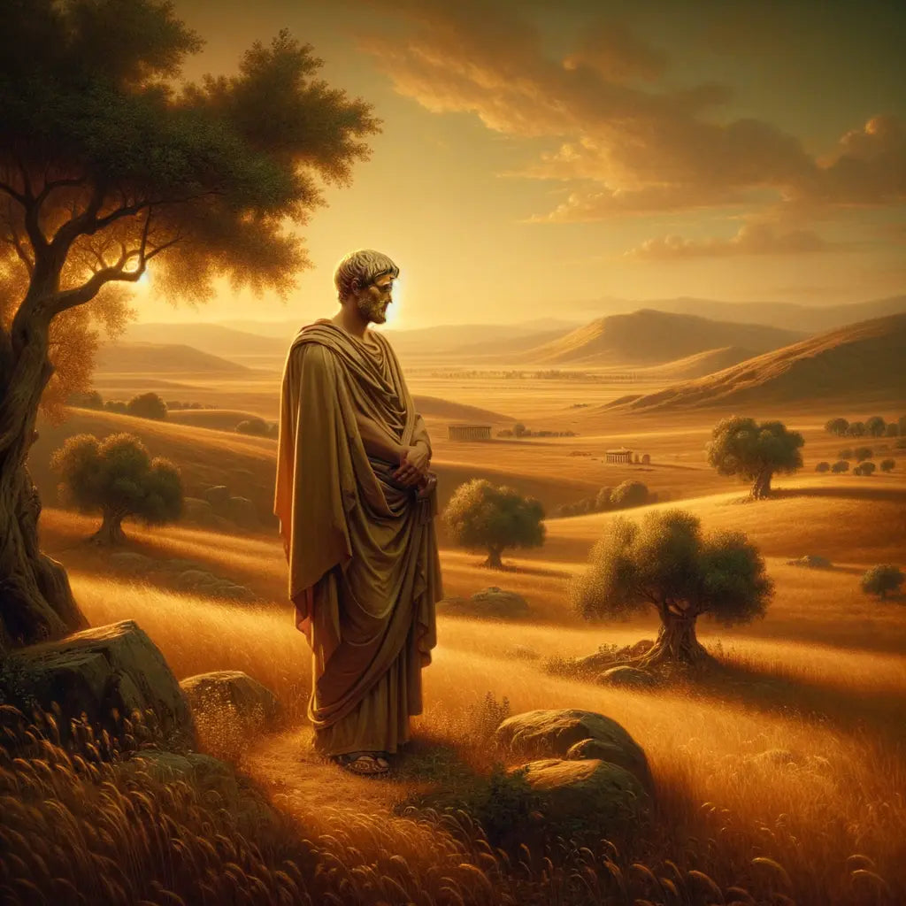 A Roman philosopher resembling Marcus Aurelius in a toga, reflecting on a serene ranch landscape under golden light, inspired by 1960s historical film epics.