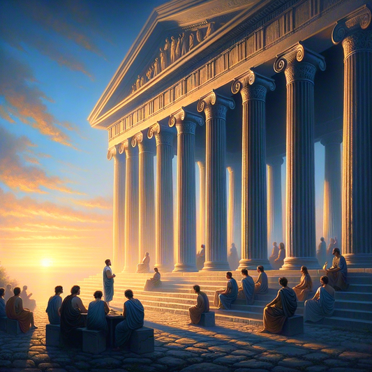 Ancient Greek colonnade in morning light with philosopher and students, embodying Stoic wisdom.