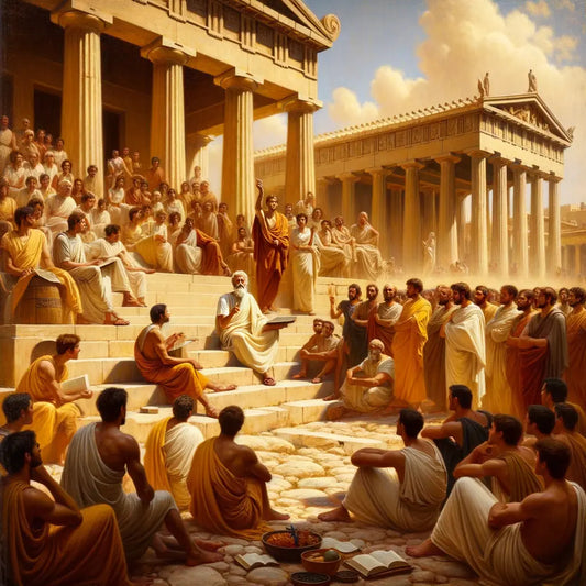 Zeno of Citium speaking to a group in ancient Athens, surrounded by marble columns under a sunny Mediterranean sky, styled like 1960s historical epics.