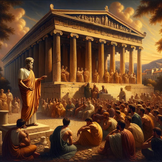 Zeno of Citium teaching in front of the Stoa Poikile in ancient Athens, with students gathered around him in a scene styled like a 1960s historical epic.