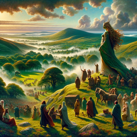 A majestic painting of Ireland's misty hills symbolizing goddess Ériu's spirit, depicted in 1960s epic film style.