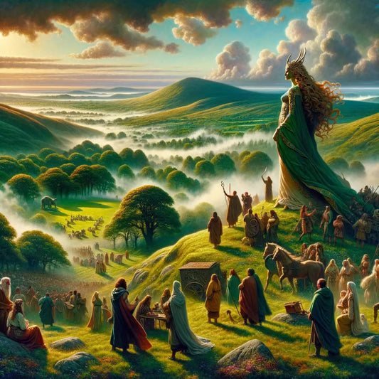 A majestic painting of Ireland's misty hills symbolizing goddess Ériu's spirit, depicted in 1960s epic film style.