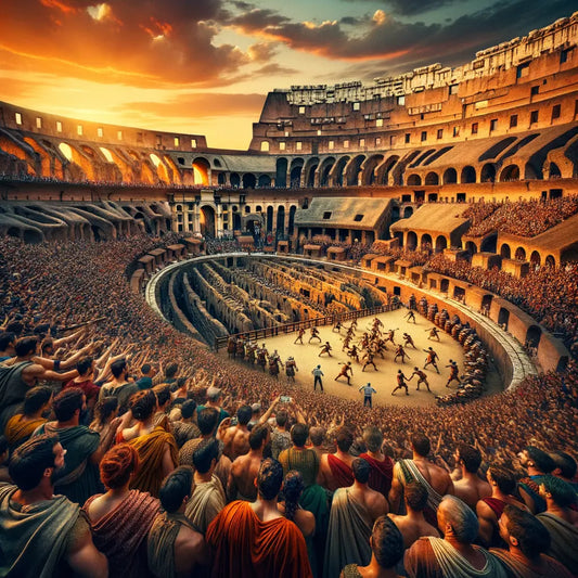 A vibrant sunset over the Roman Colosseum with gladiators battling in the arena.