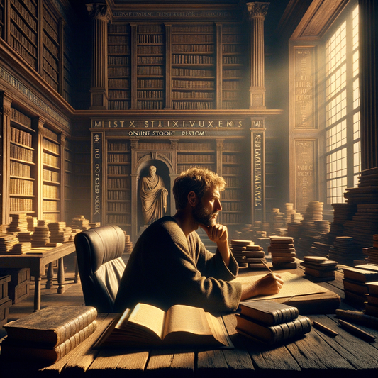 Ryan Holiday working on The Daily Stoic, surrounded by ancient Stoic texts and modern technology in a cinematic historical style.