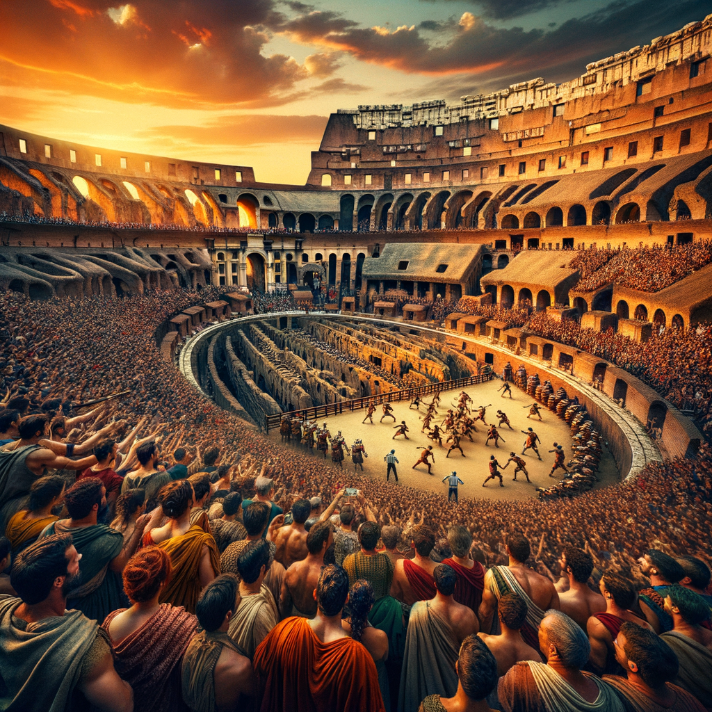 A vibrant sunset over the Roman Colosseum with gladiators battling in the arena.