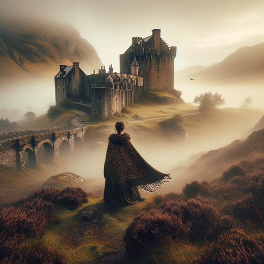 Mysterious fortress in mist with a warrior woman figure, inspired by ancient Scottish landscapes in 1960s historical epic style.