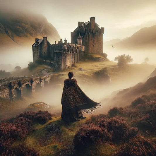 Mysterious fortress in mist with a warrior woman figure, inspired by ancient Scottish landscapes in 1960s historical epic style.