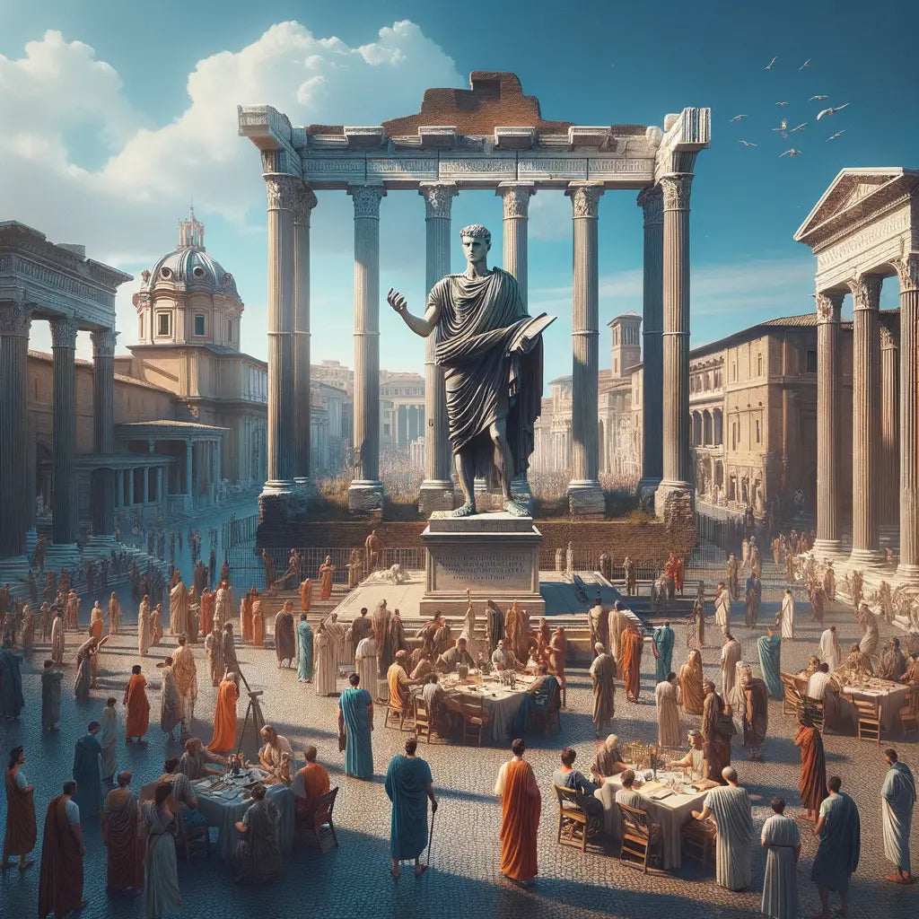 A lively scene in an ancient Roman forum with people discussing and a statue of Julius Caesar.