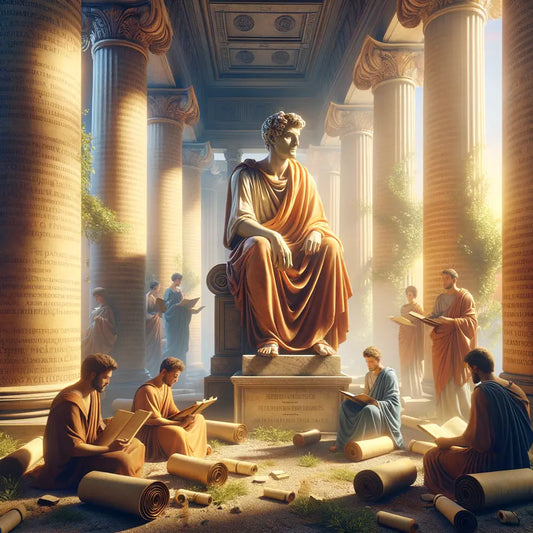 Statue of Zeno of Citium as a philosopher with scrolls, against a Roman-style background, reflecting 1960s historical epic films.