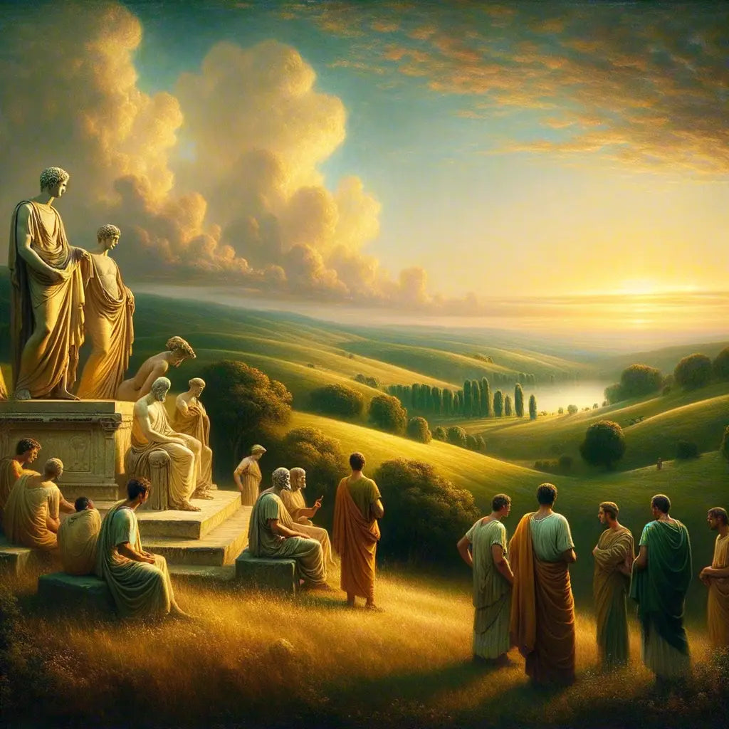 Statues of Marcus Aurelius, Epictetus, and Seneca set in a reflective ancient Greek landscape, exuding tranquility and the essence of Stoic philosophy.