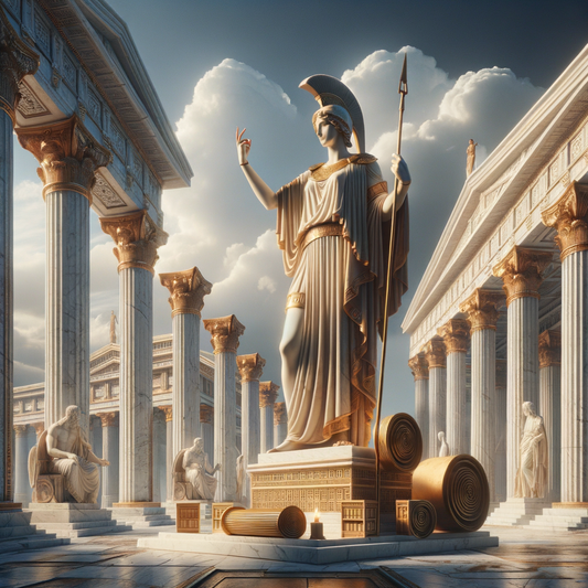 Athena standing heroically amidst ancient Greek temples with scrolls, symbolizing Stoicism's wisdom, in a style reminiscent of 1960s historical films.