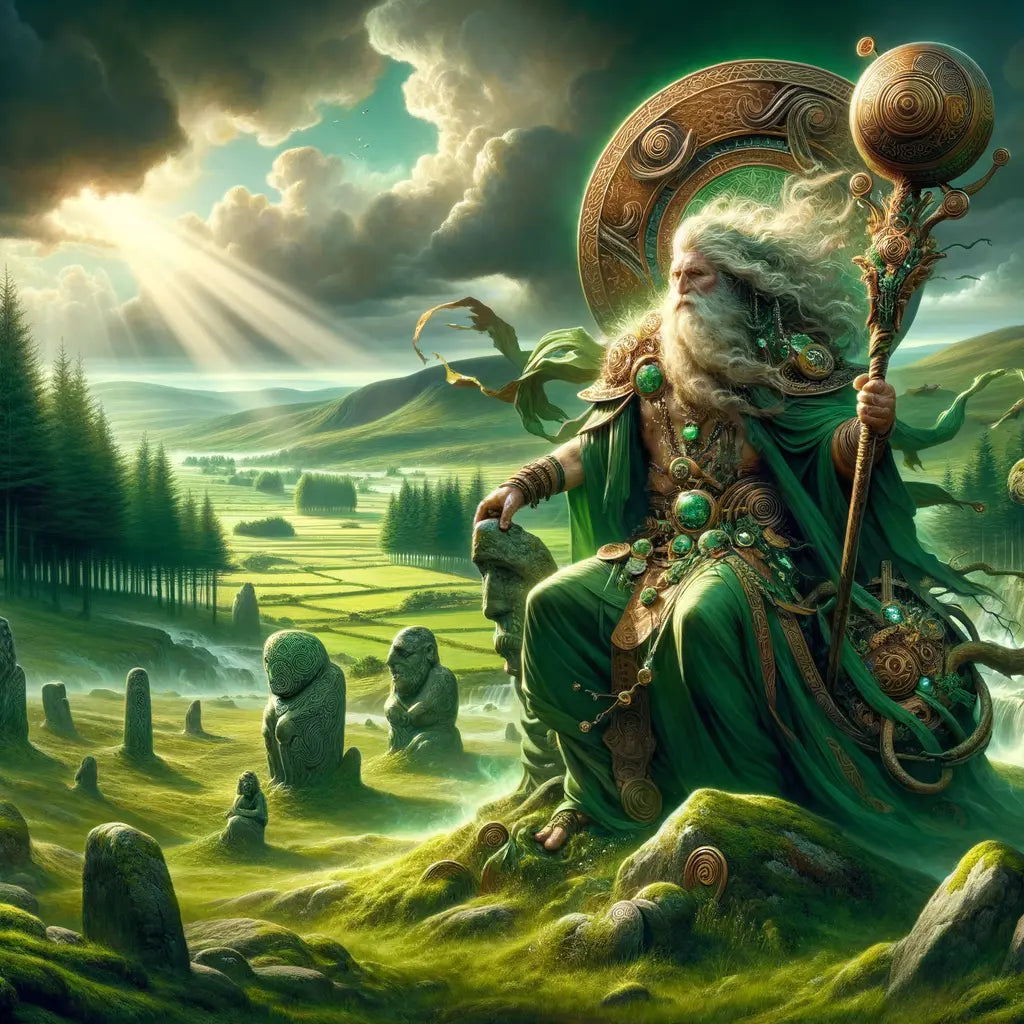 The Dagda, a Celtic god, holding a cauldron and club in a vibrant green landscape with ancient stone and tree background.