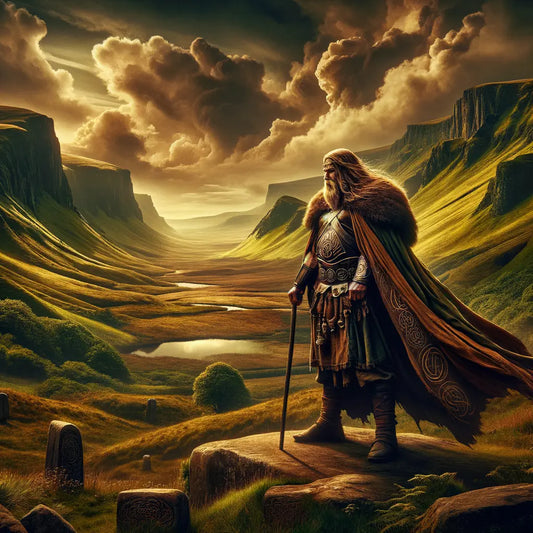 A powerful figure resembling the Dagda in an ancient Irish landscape, standing amidst lush greenery under a cloudy sky, with sunbeams highlighting the mystical scene.