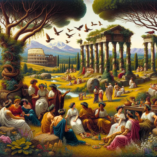 A vibrant scene of Roman citizens amidst ancient architecture, illustrating a blend of history and nature.