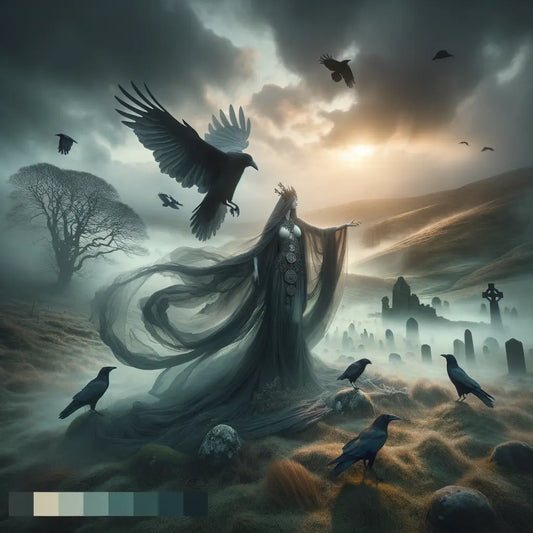 A spectral depiction of Celtic goddess Morrígan with crows on a misty battlefield, styled like a 1960s historical epic.