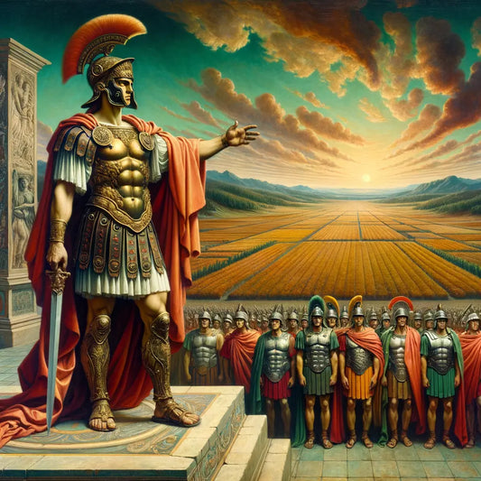Mars, the Roman god of war, leading a legion with agricultural fields in the background, styled in a 1960s historical epic manner.