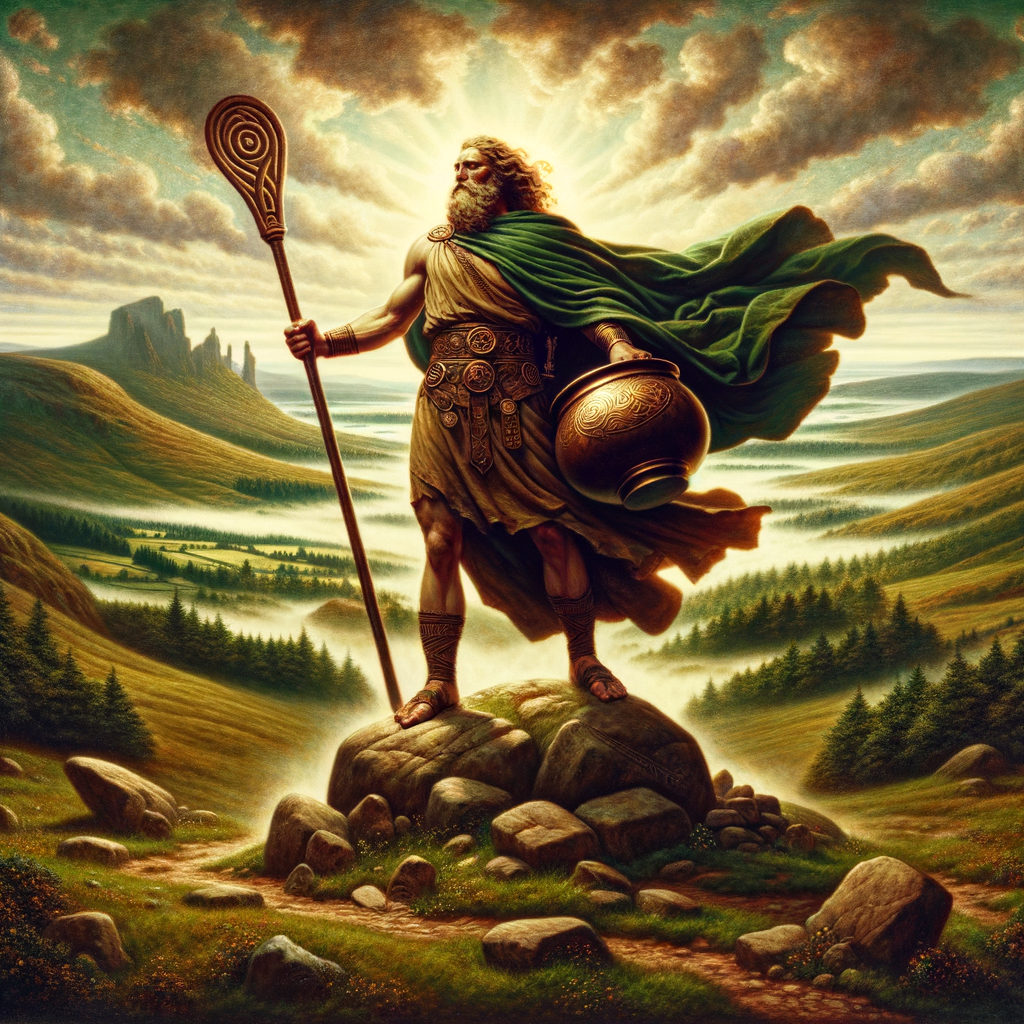 The Dagda from Celtic mythology, standing with his magical club and cauldron, against an ancient Gaelic landscape.