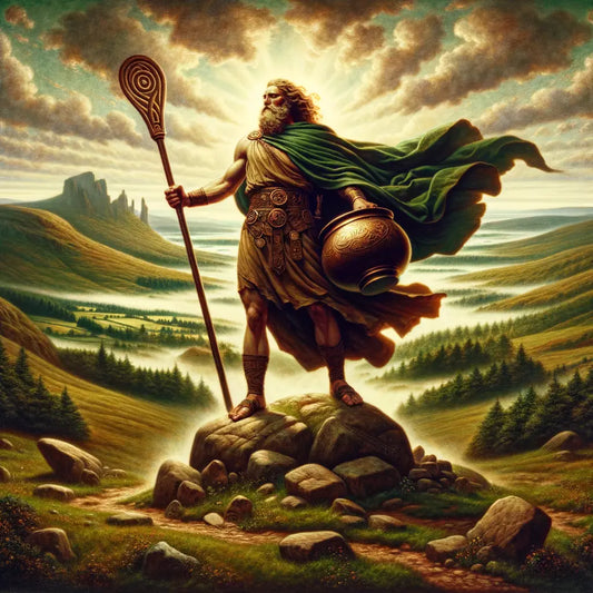 The Dagda from Celtic mythology, standing with his magical club and cauldron, against an ancient Gaelic landscape.