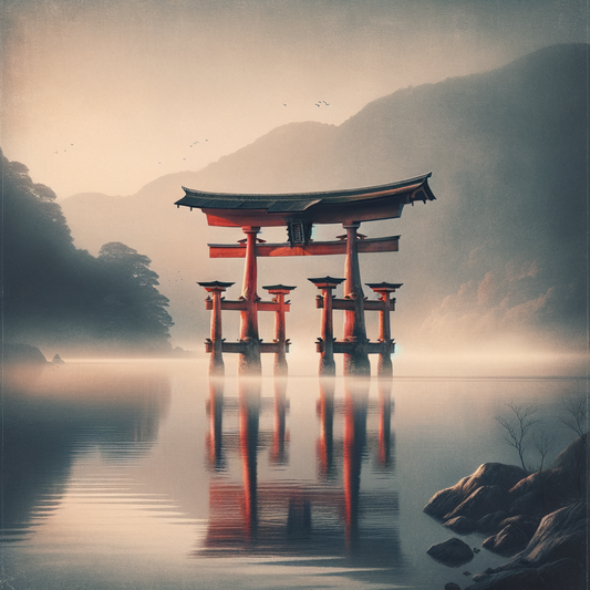 Ein einzelnes Torii-Tor steht majestätisch am Ufer eines ruhigen Sees im Morgennebel, minimalistisches Design, hält die japanische Tradition fest.