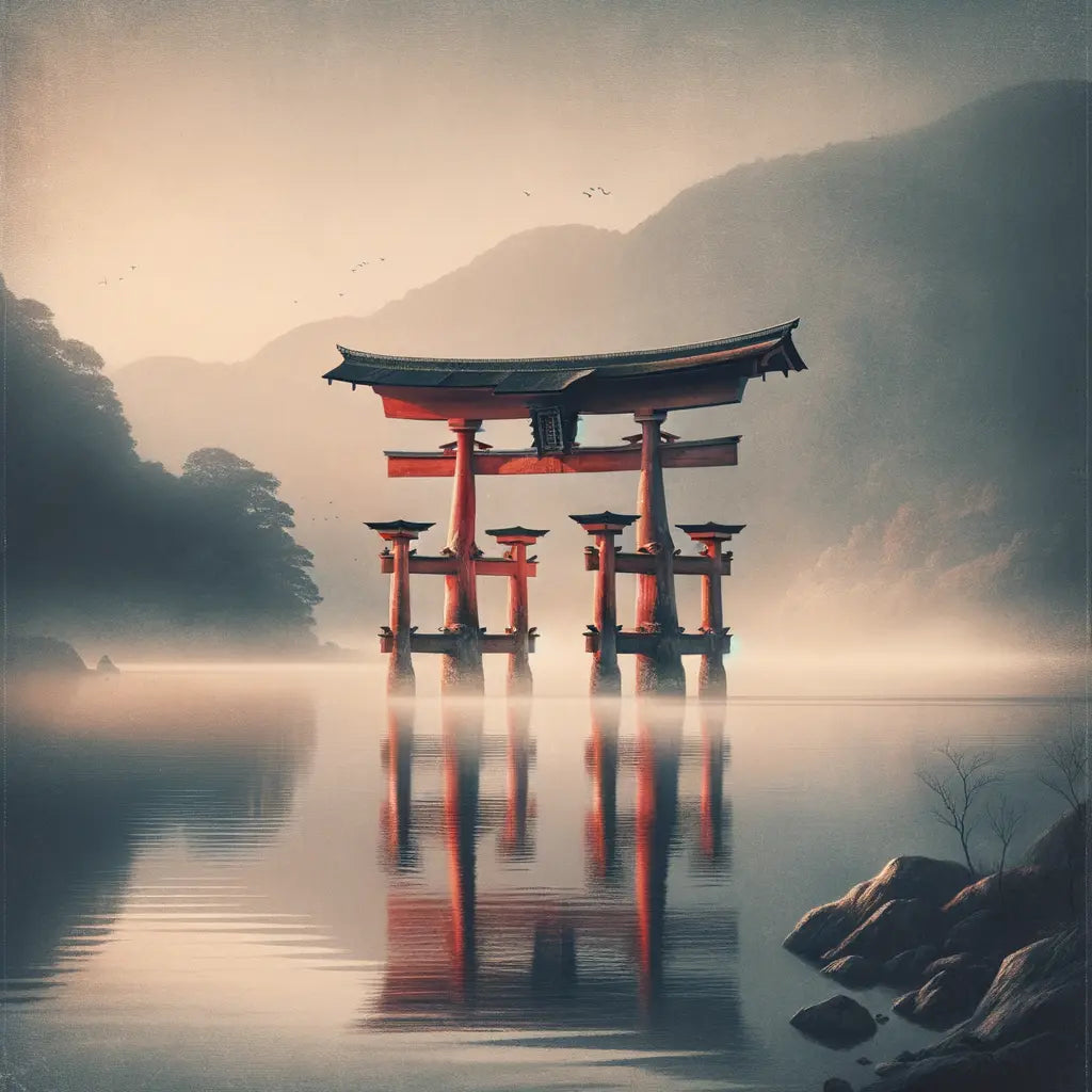 Ein einzelnes Torii-Tor steht majestätisch am Ufer eines ruhigen Sees im Morgennebel, minimalistisches Design, hält die japanische Tradition fest.