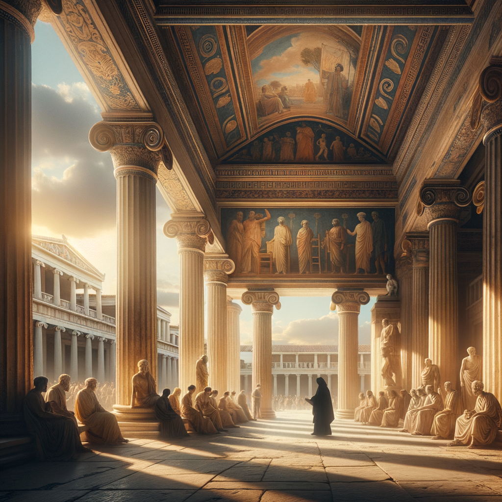 Ancient Greek cityscape featuring Zeno of Citium discussing philosophy with students at the Painted Porch, in the style of 1960s historical epics.