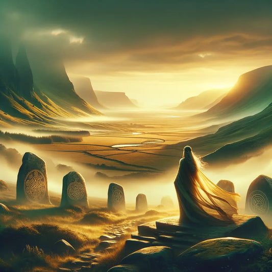 A mythical Irish landscape with mist-covered hills and the goddess Ériu, embodying ancient mythology and enchantment.