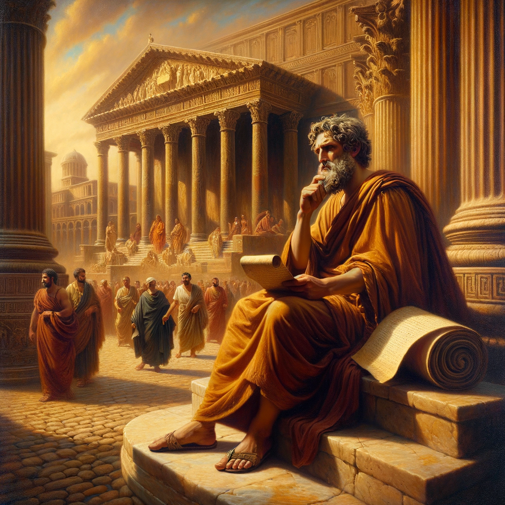 An ancient philosopher in contemplation against a Roman cityscape, in the style of 1960s historical films.