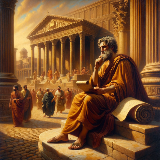 An ancient philosopher in contemplation against a Roman cityscape, in the style of 1960s historical films.