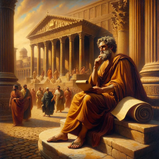 An ancient philosopher in contemplation against a Roman cityscape, in the style of 1960s historical films.