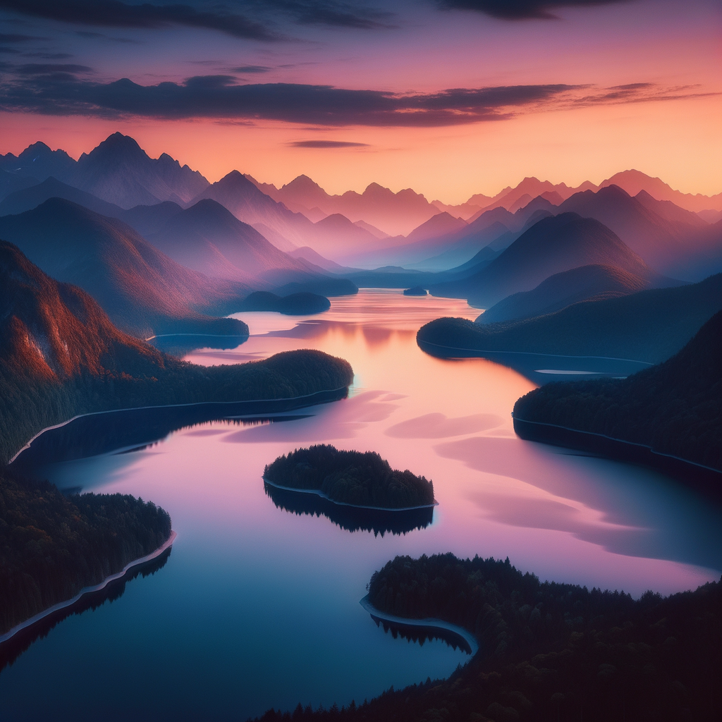 A peaceful scene of a lake with mountains in the background during sunset.