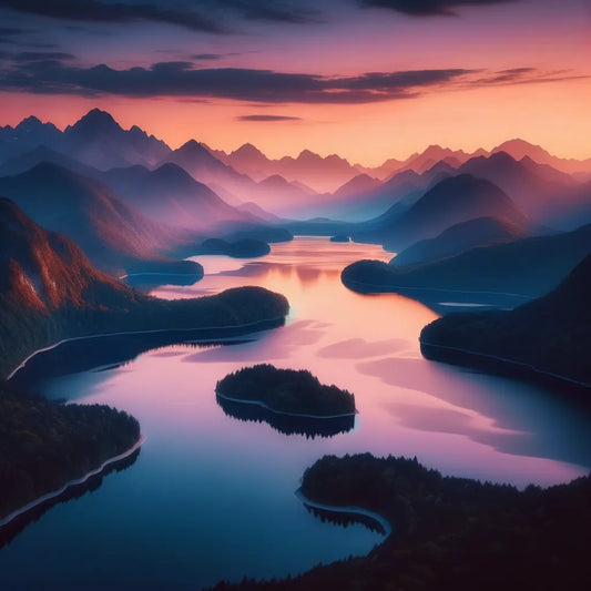 A peaceful scene of a lake with mountains in the background during sunset.