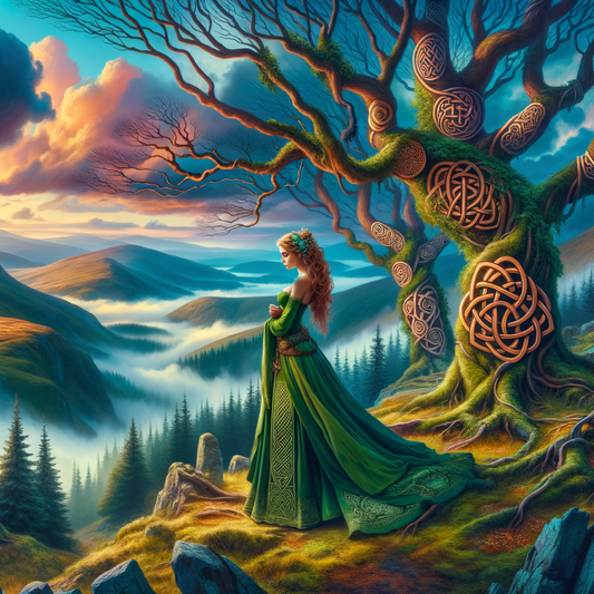 A goddess from Celtic mythology amidst a lush, ethereal landscape.