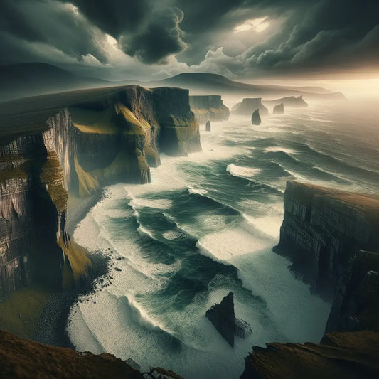 Dramatic painting of ancient Irish cliffs with turbulent sea and stormy skies, evoking the mythical atmosphere of Balor's legend.