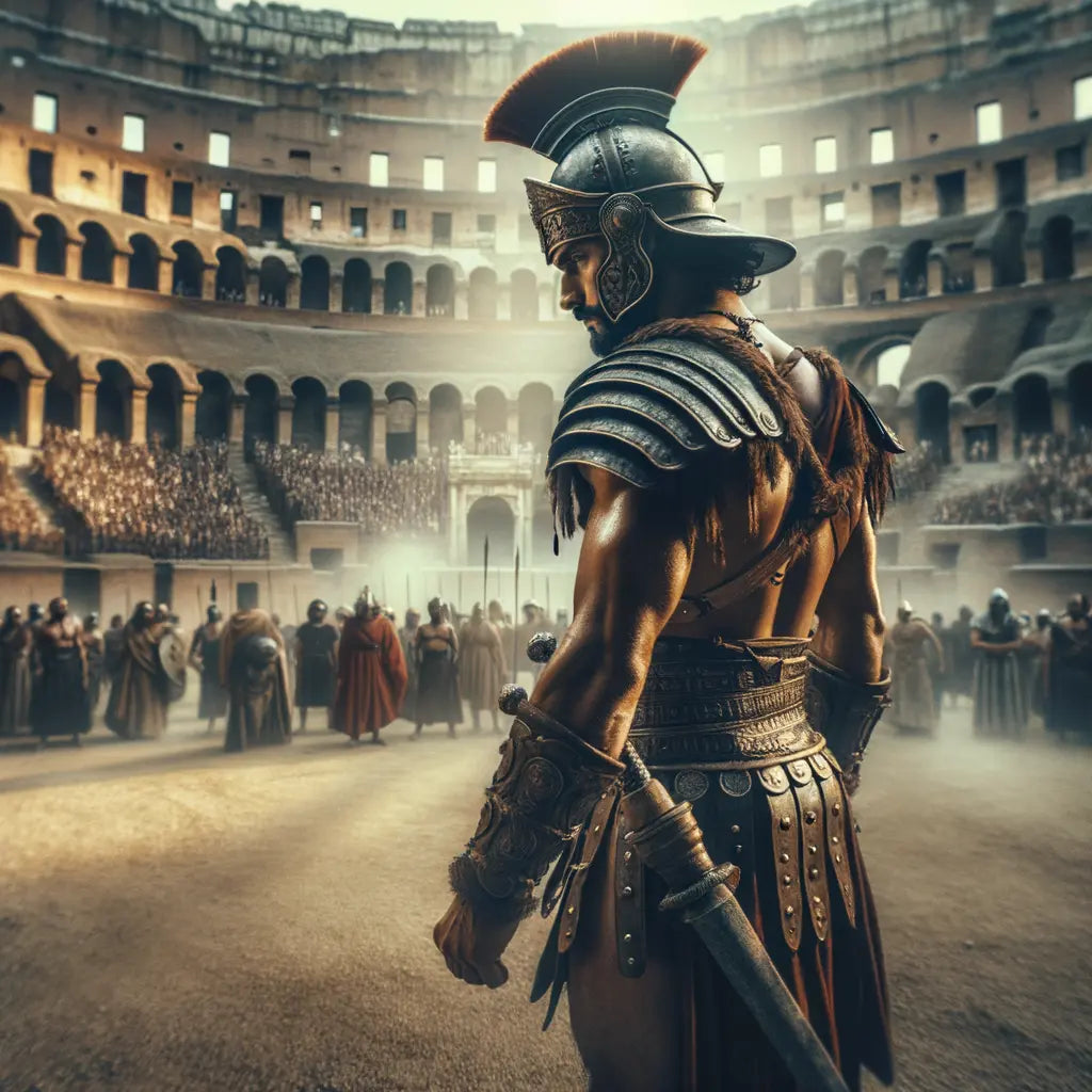 A fierce Roman gladiator standing confidently in the Colosseum.