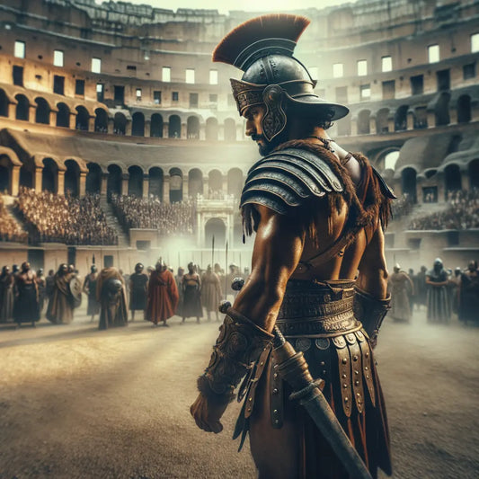 A fierce Roman gladiator standing confidently in the Colosseum.