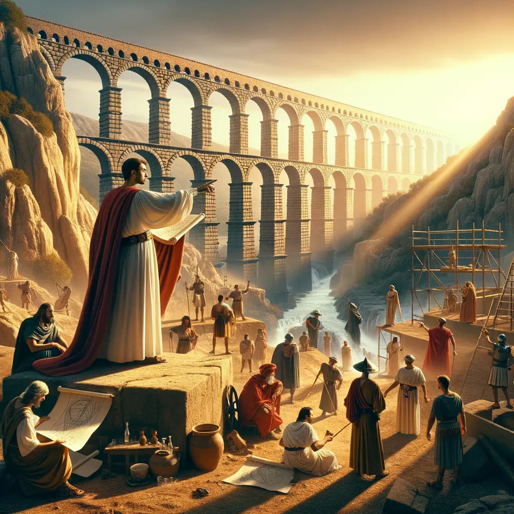 Roman engineers and workers constructing aqueducts in Hispania, set against a dramatic hillside backdrop, inspired by 1960s historical epic films.