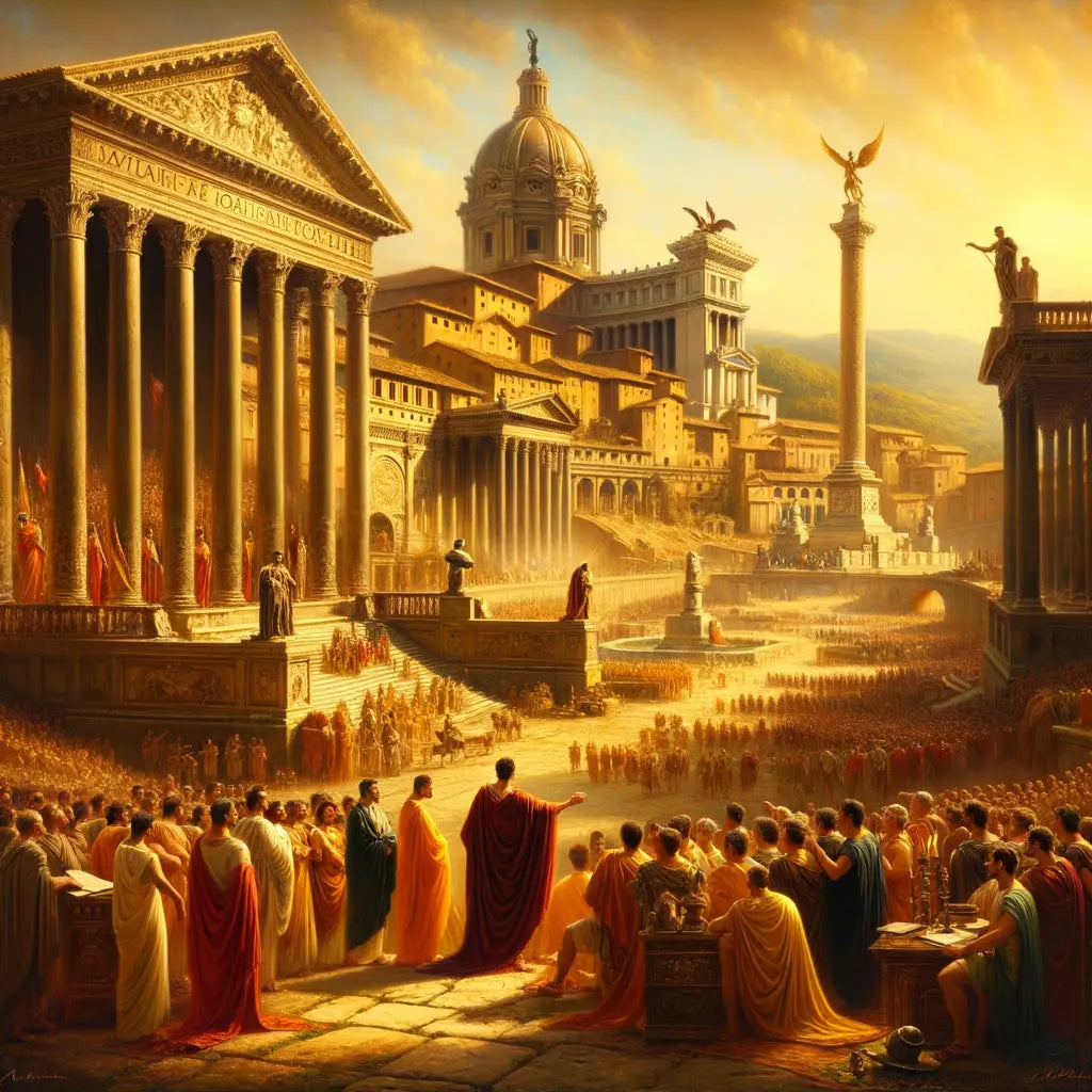 Augustus Caesar addressing citizens in a bustling Roman Forum, surrounded by monumental architectures under warm daylight, in a 1960s historical epic style.