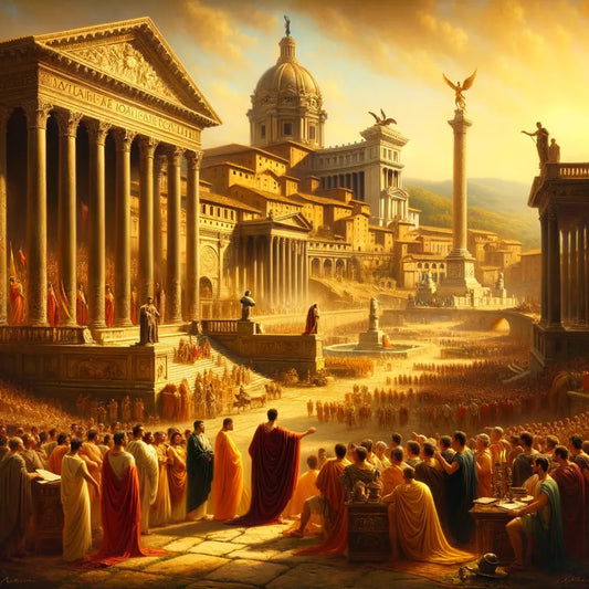 Augustus Caesar addressing citizens in a bustling Roman Forum, surrounded by monumental architectures under warm daylight, in a 1960s historical epic style.