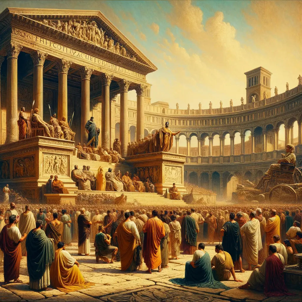 A bustling Roman forum during Julius Caesar's time, with grand architectural structures, people in togas and armor, and a central orator, in the style of 1960s historical epic films.