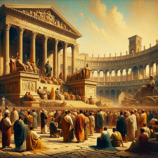 A bustling Roman forum during Julius Caesar's time, with grand architectural structures, people in togas and armor, and a central orator, in the style of 1960s historical epic films.