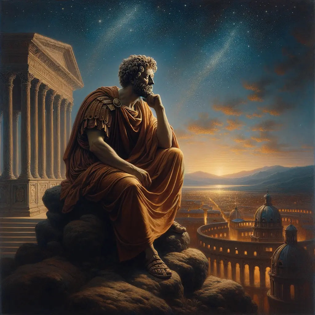 Marcus Aurelius in regal robes, contemplating under a starlit sky with a Roman cityscape, inspired by 1960s historical epic style.